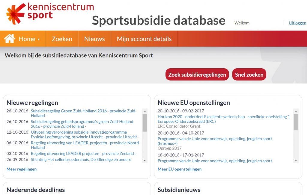 afbeelding van homepage sportsubsidie database Kenniscentrum Sport