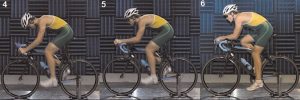 een collage van foto's waarop een wielrenner steeds in andere posities op zijn fiets zit