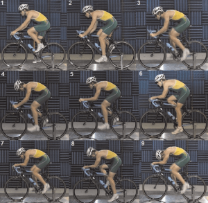 9 verschillende foto's van een wielrenner die in verschillende posities op zijn fiets zit