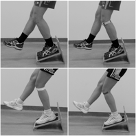 4 foto's waarop je benen ziet van iemand die met een patellaband om de knieën oefeningen doet