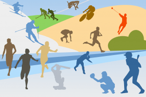 illustratie met allemaal sportende figuren in verschillende kleuren