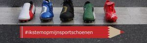 5 verschillende sportschoenen met daaronder een rood potlood en de tekst ikstemopmijnsportschoenen