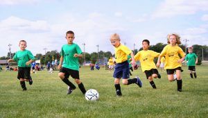 kinderen rennen tijdens een voetbalwedstrijd achter een bal aan