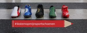 5 verschillende sportschoenen met daaronder een rood potlood en de tekst ikstemopmijnsportschoenen