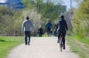 wandelaars en fietsers in een park op de rug gezien