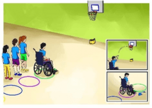 een illustratie met uitleg over een basketbalspel waar iedereen aan mee kan doen, ook met een rolstoel
