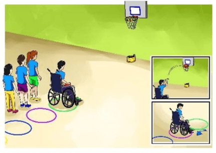 een illustratie met uitleg over een basketbalspel waar iedereen aan mee kan doen, ook met een rolstoel