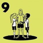 Illustratie 2 kinderen die elkaar de hand schudden met hun coach in het midden