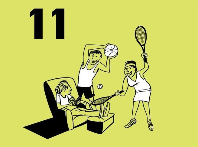 Illustratie van 2 ouders in sporttenue die een puberzoon uit de luie stoel proberen te krijgen