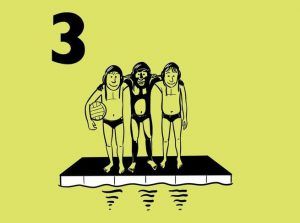 Illustratie van 3 jongens aan de rand van een zwembad
