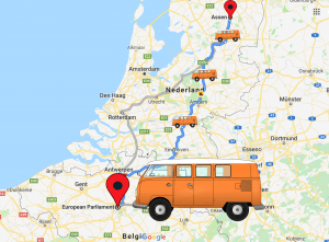 een kaart van Nederland en België waarop de route Assen-Brussel is aangegeven