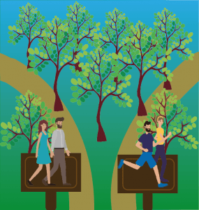 Illustratie van een park met bomen, in het park zijn mensen aan het wandelen en aan het hardlopen.