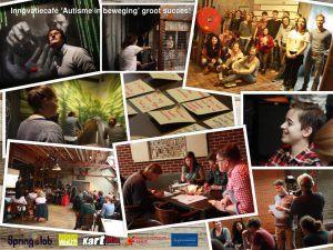 collage van foto's met afbeeldingen van interactie tussen deelnemers aan het kenniscafe en workshops