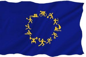 Europese vlag met sporticoontjes op de plaats van de gele sterren