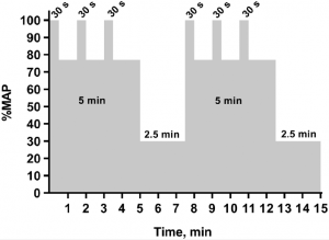 staafdiagram - uitleg in de tekst; x-as is tijd van 0 tot 15 min. y-as is aerobe vermogen in procenten